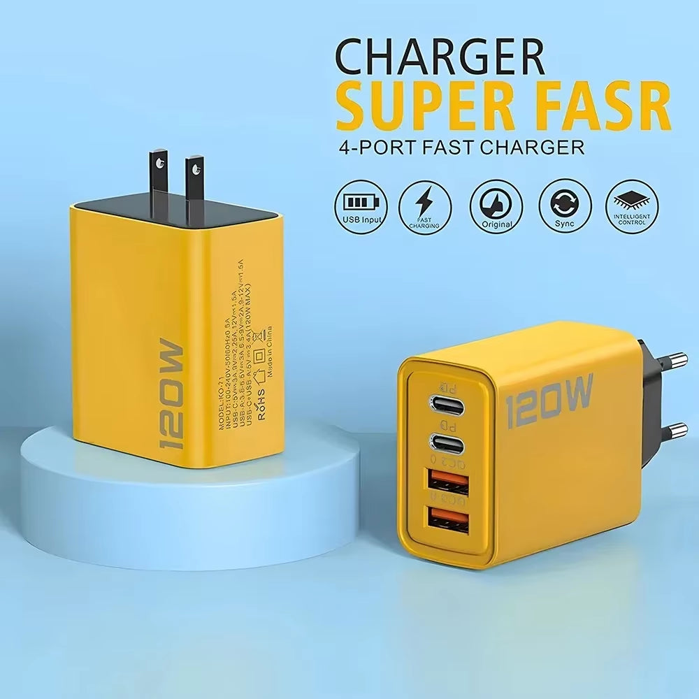 4 Port Total 120W USB Type C Charger Fast Charging USB Phone Charger Adapter for Iphone Samsung Xiaomi Quick Charge Wall Charger