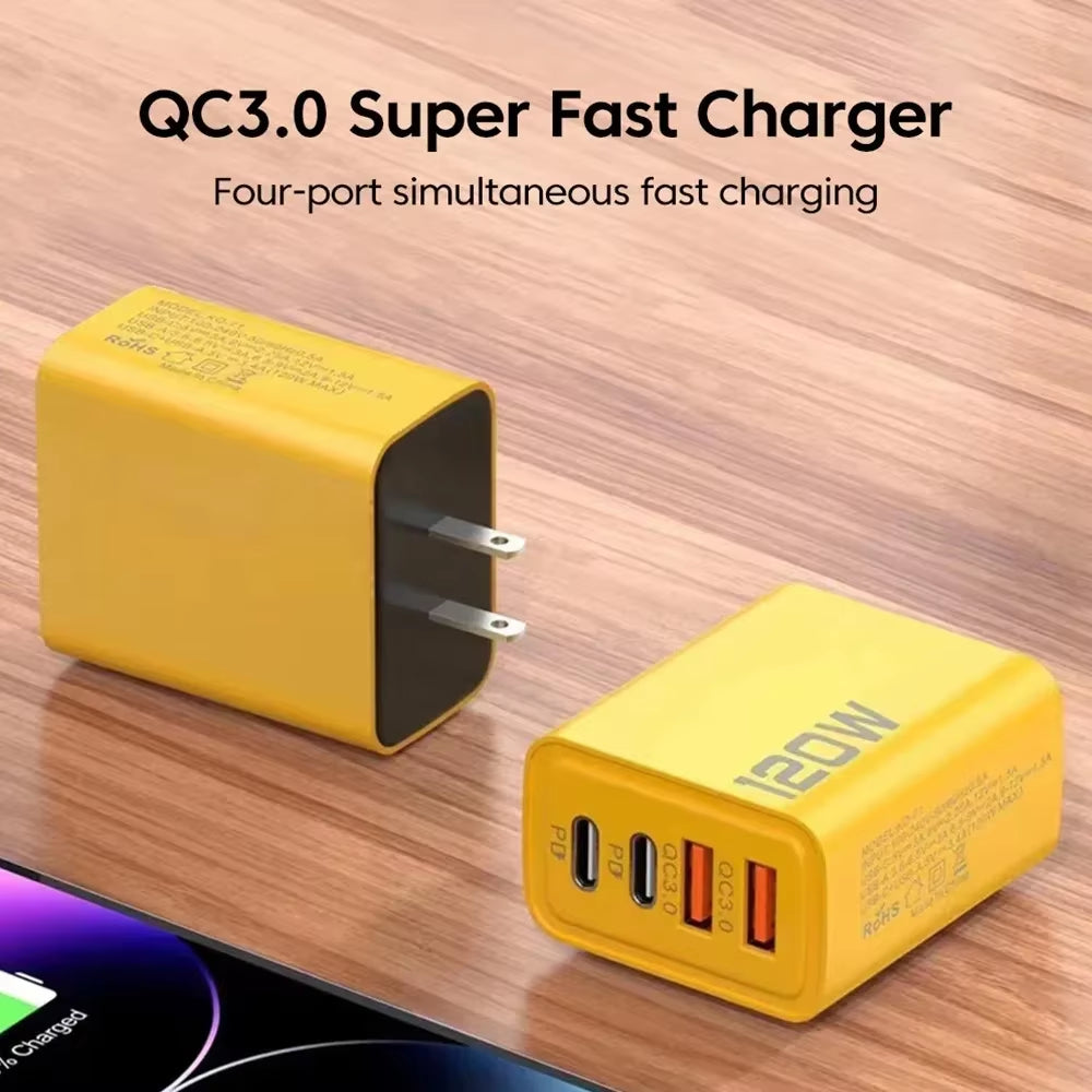 4 Port Total 120W USB Type C Charger Fast Charging USB Phone Charger Adapter for Iphone Samsung Xiaomi Quick Charge Wall Charger